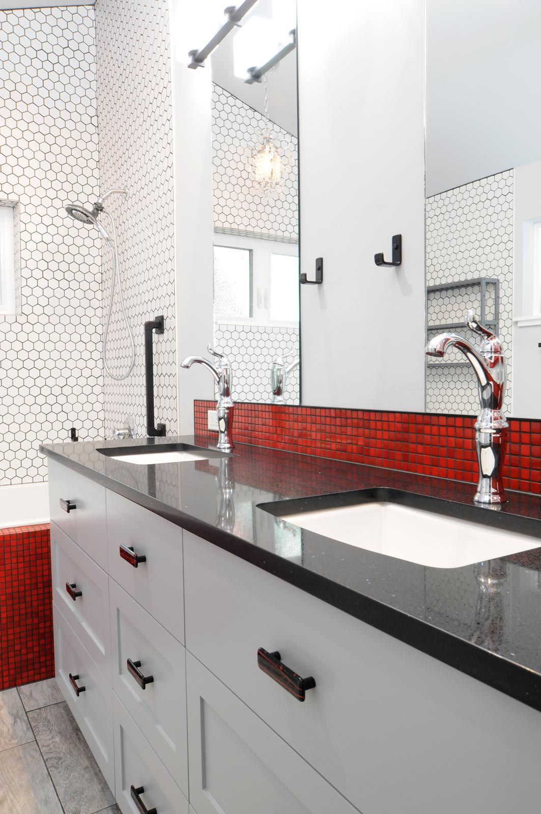 remodeled bathroom with double sinks