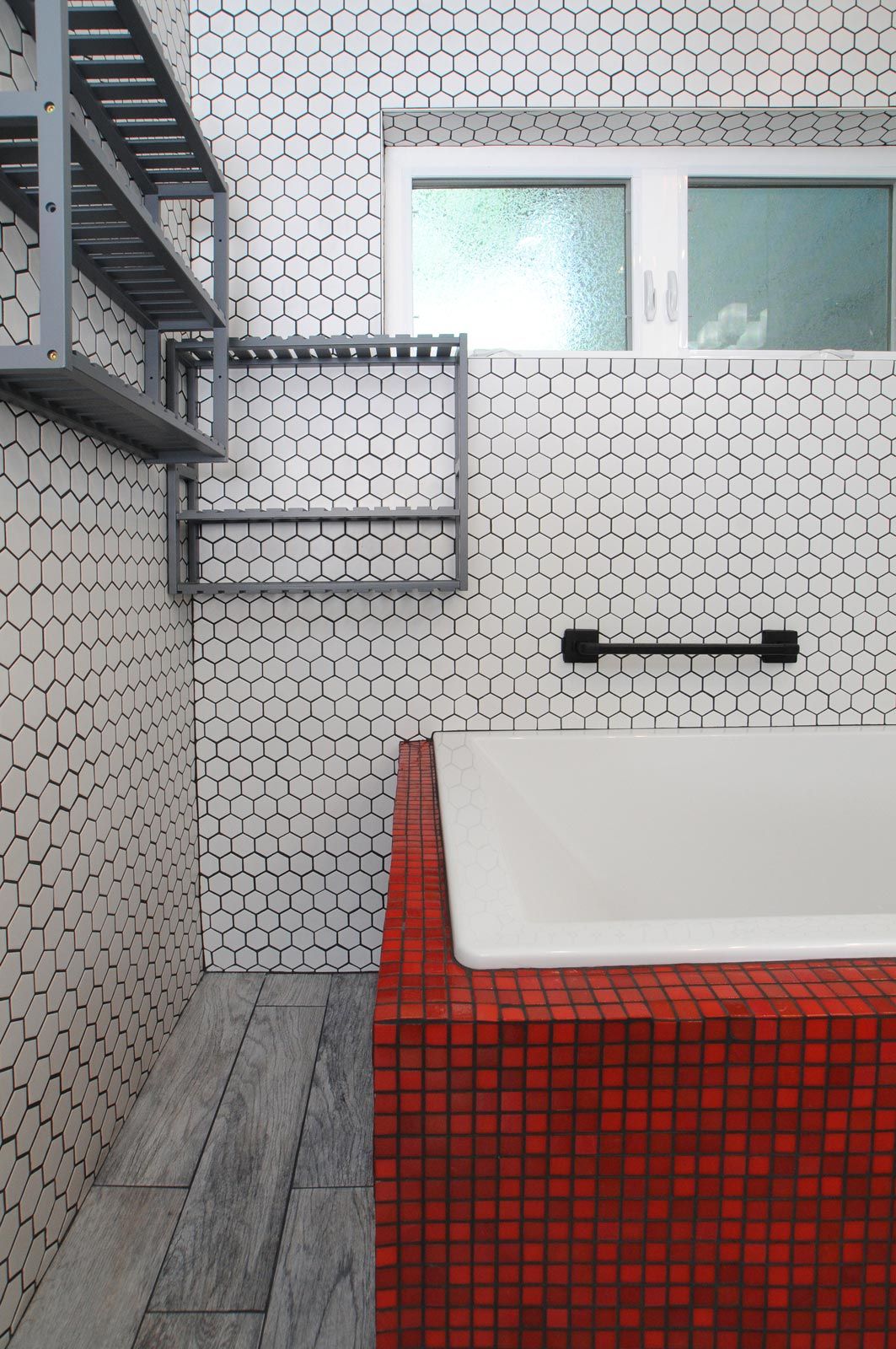 custom tiled bathtub, shower and heated tile floor