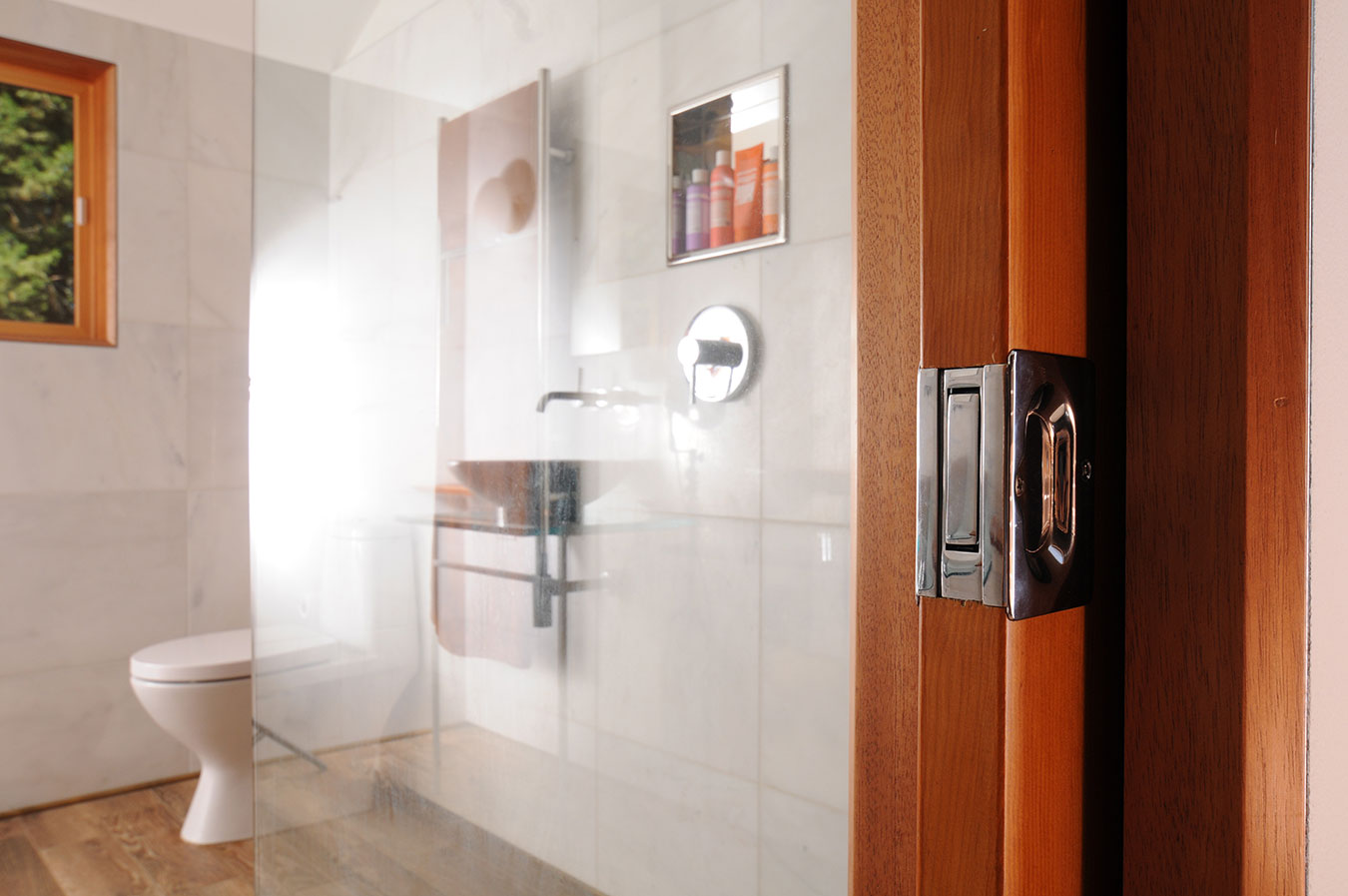 remodeled bathroom with sliding door